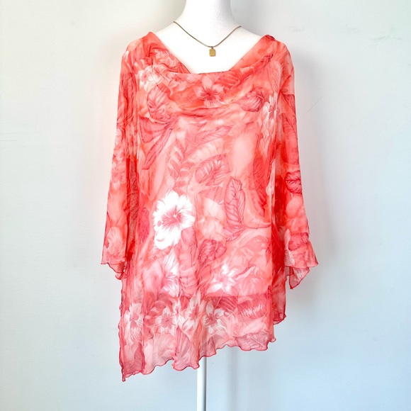 Vintage Picadilly Orange and Pink Floral Asymmetrical Sheer Blouse 3/4 Sleeves - Picture 11 of 15